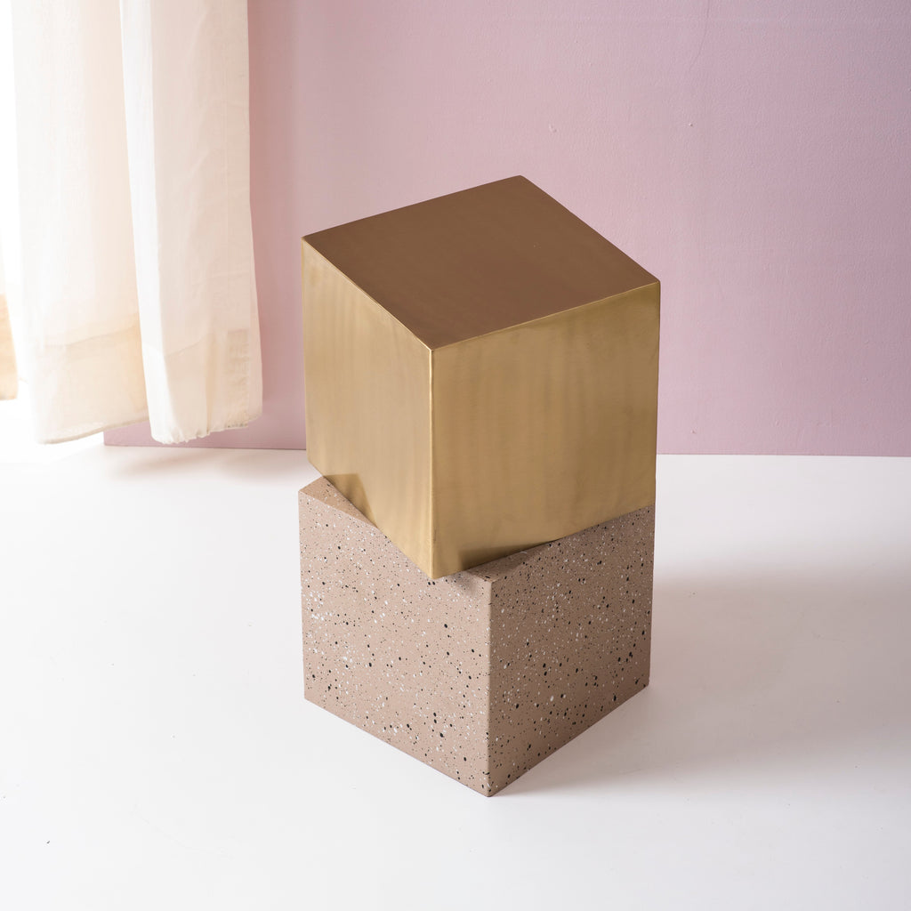 Floating Square Metallic Side Table in Gold & Ceramic Finish | Nestroots
