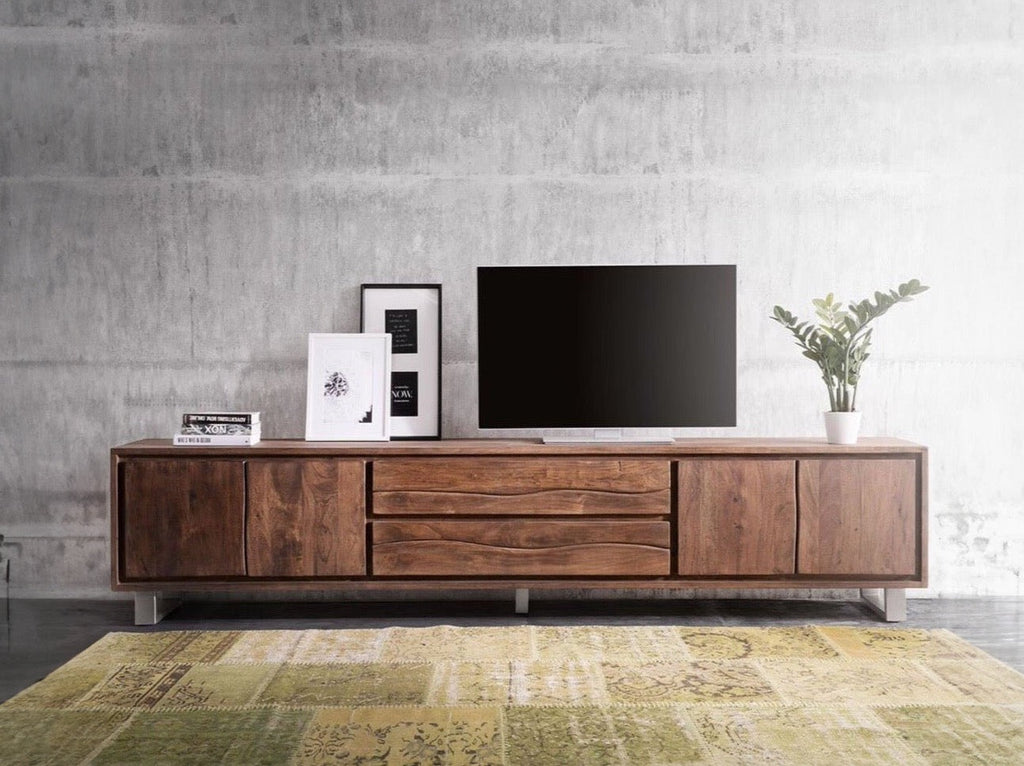 TV unit, solid acacia wood and steel, 4 doors and 2 drawers