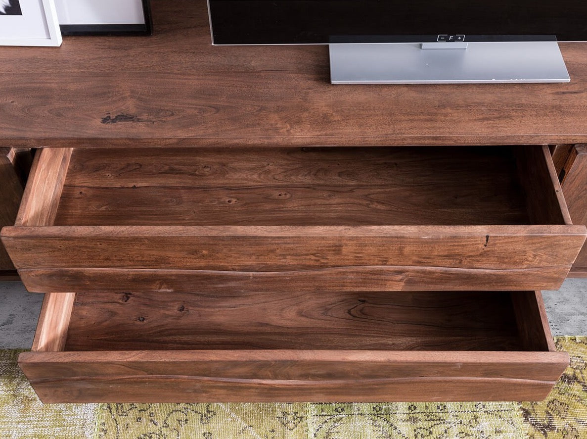 TV unit, solid acacia wood and steel, 4 doors and 2 drawers