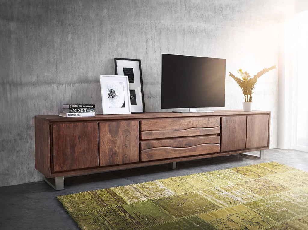 TV unit, solid acacia wood and steel, 4 doors and 2 drawers