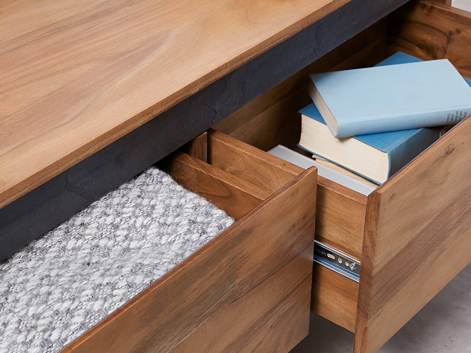 TV unit, solid acacia wood and steel, 4 drawers