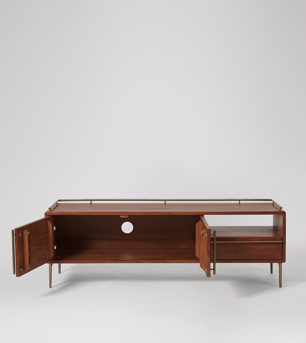 TV unit, solid mango wood and steel, 2 doors and 1 drawer