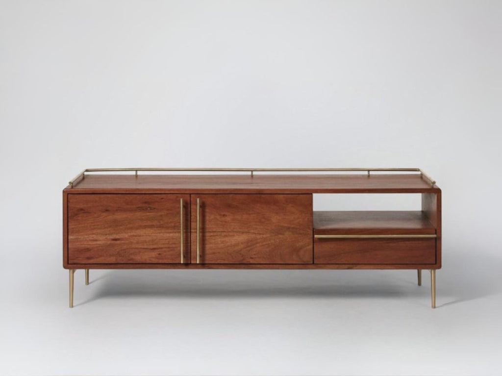 TV unit, solid mango wood and steel, 2 doors and 1 drawer