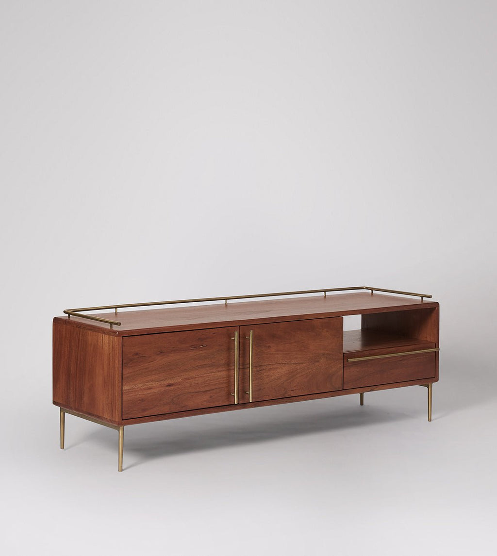 TV unit, solid mango wood and steel, 2 doors and 1 drawer