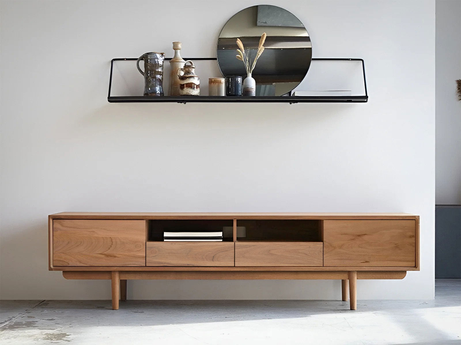 TV unit, solid acacia wood, 2 doors and 2 drawers