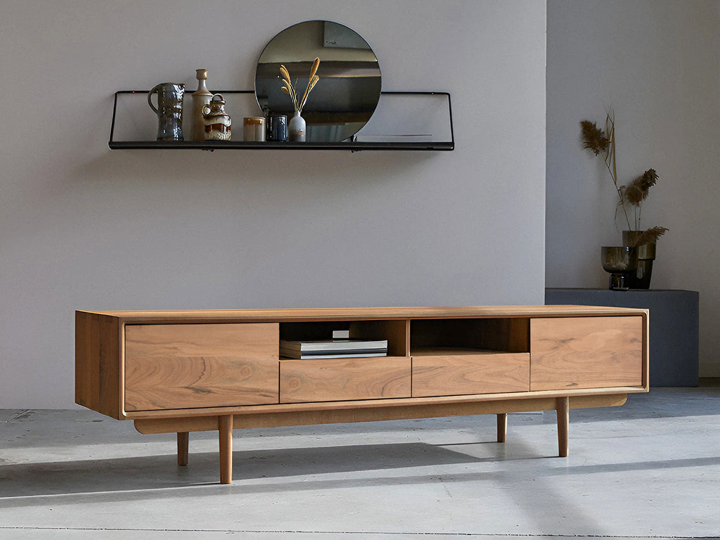 TV unit, solid acacia wood, 2 doors and 2 drawers