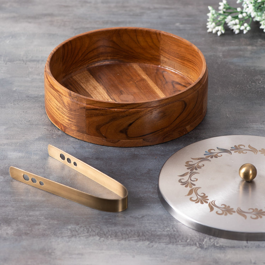 Inscribe Acacia Wood Roti Box with Tong - Silver