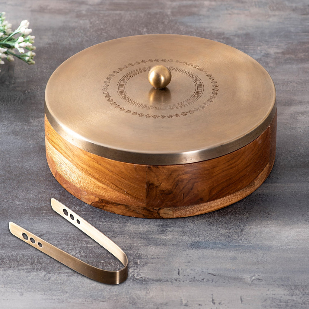 Inscribe Acacia Wood Roti Box with Tong - Gold