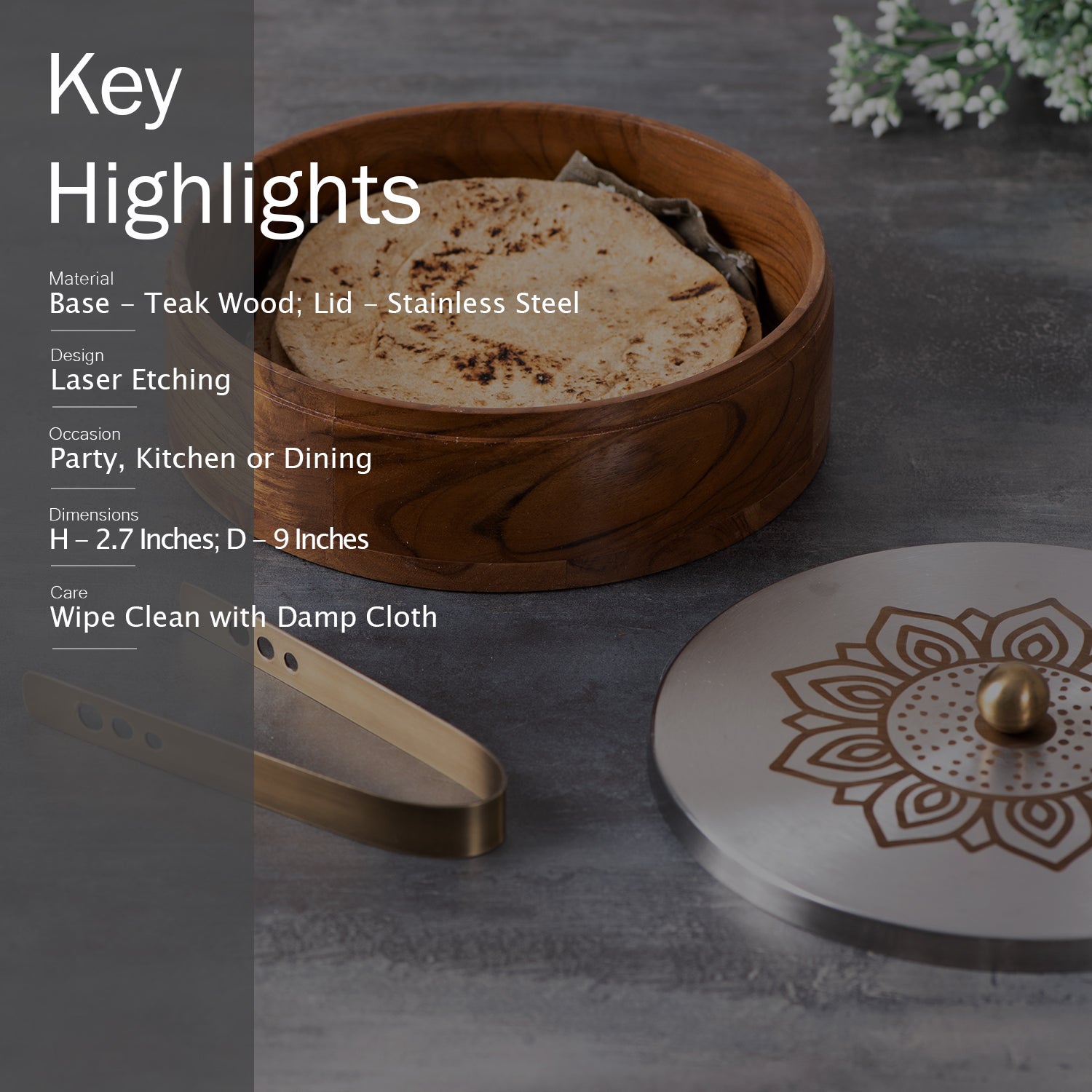 Inscribe Acacia Wood Roti Box with Tong - Floral Silver