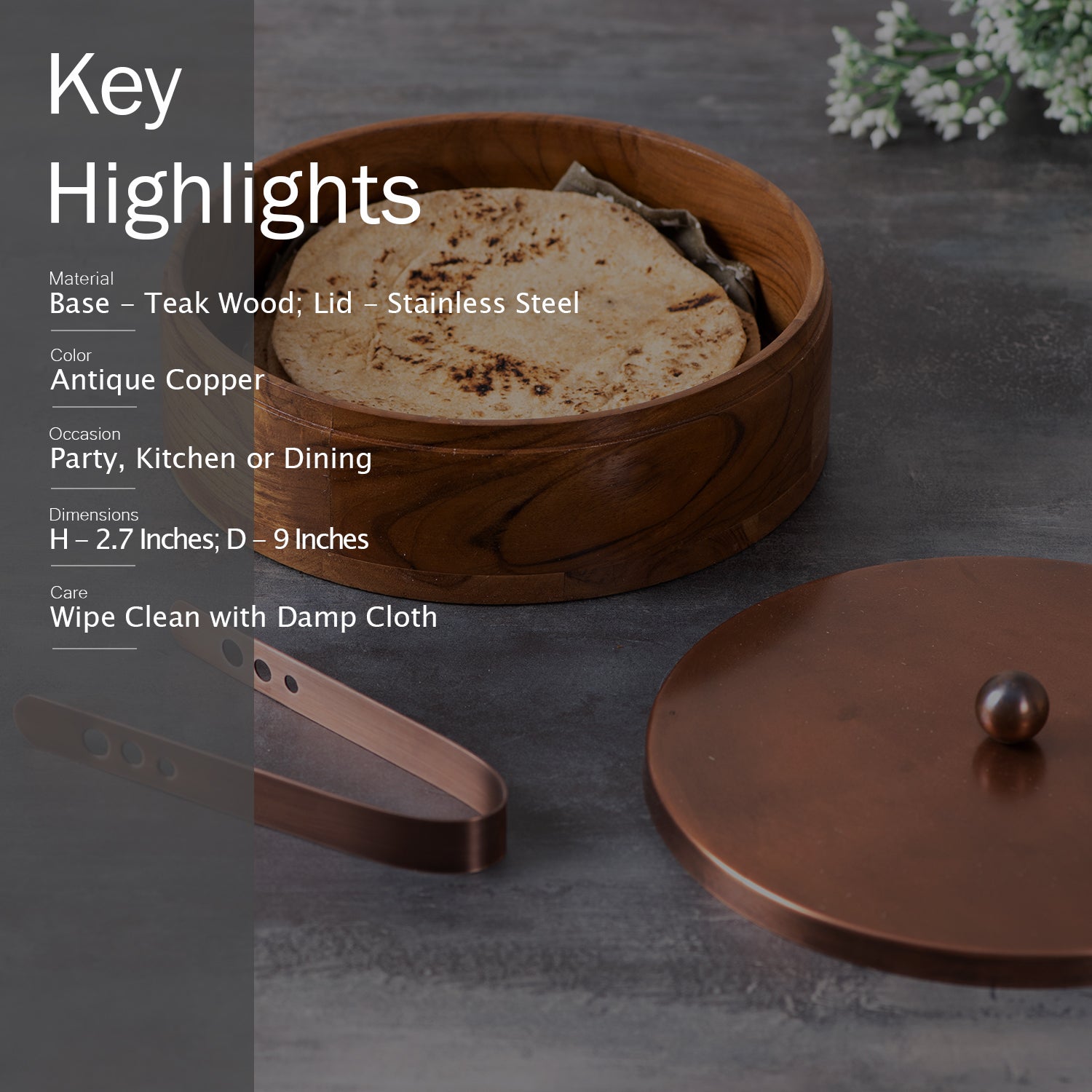 Classic Acacia Wood Roti Box with tong - Copper