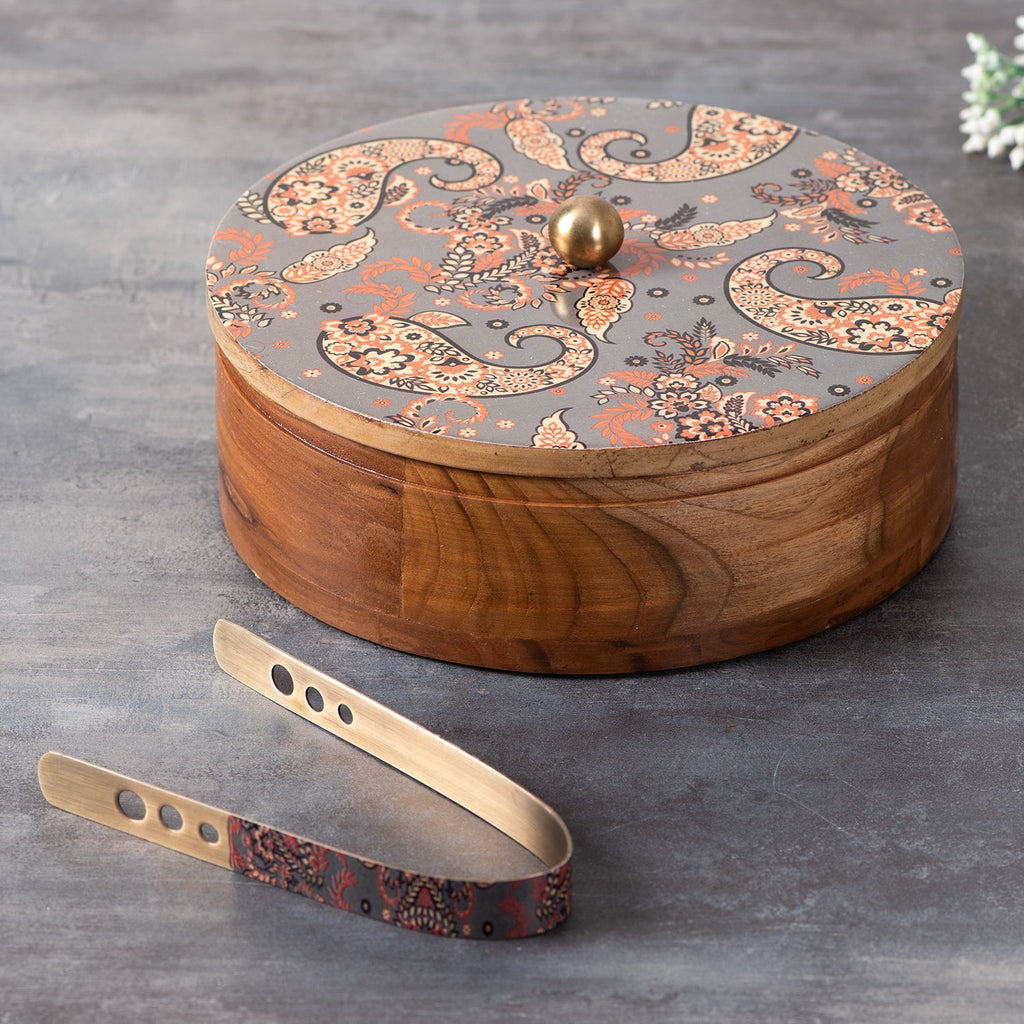 Allure Teak Wood Roti Box with tong - Grey