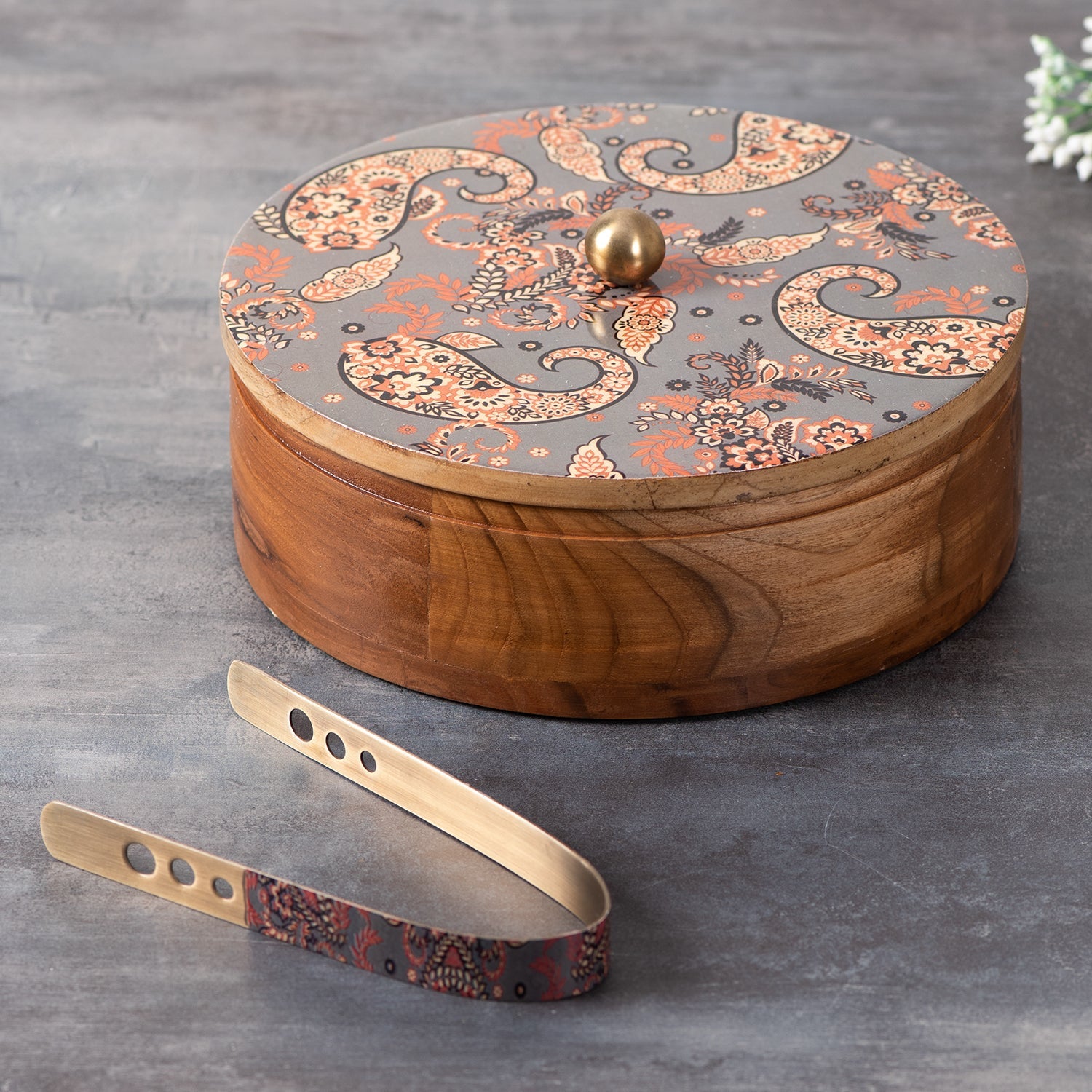Allure Teak Wood Roti Box with tong - Grey