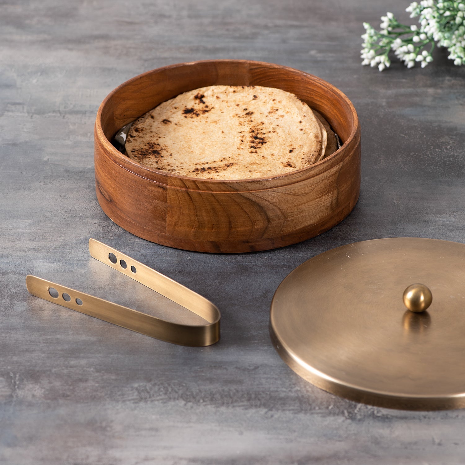 Classic Acacia Wood Roti Box with tong - Gold