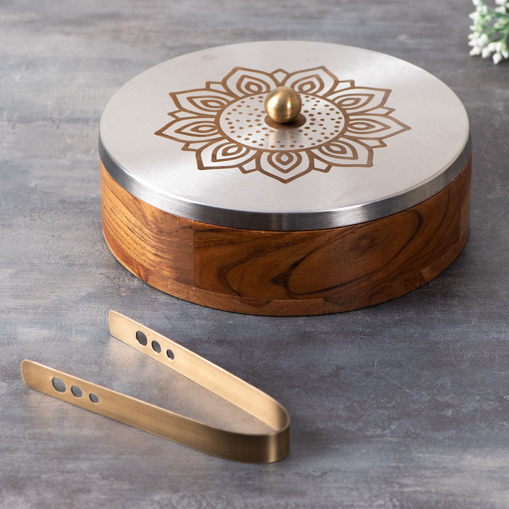 Inscribe Acacia Wood Roti Box with Tong - Floral Silver