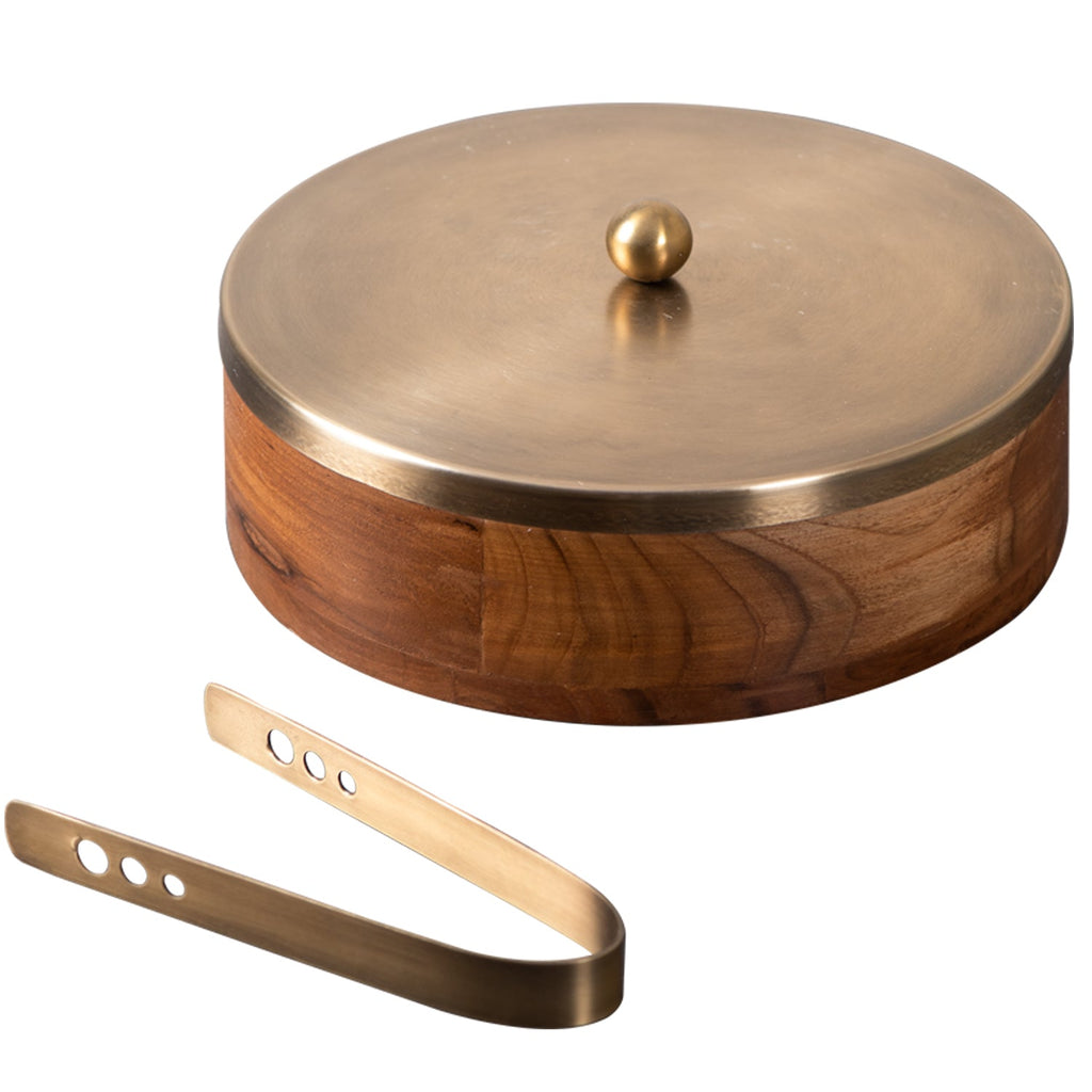 Classic Acacia Wood Roti Box with tong - Gold
