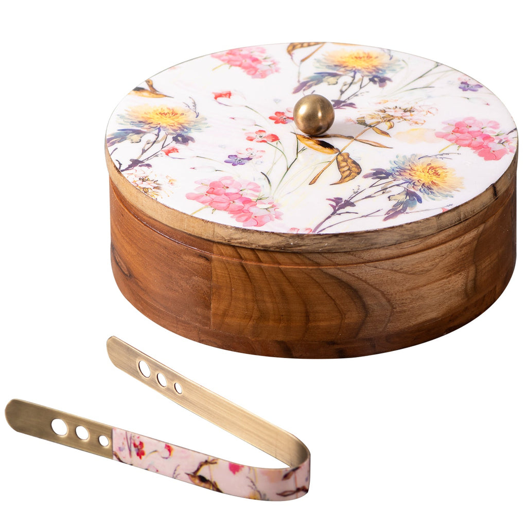 Allure Botanic Teak Wood Roti Box with tong - Pink