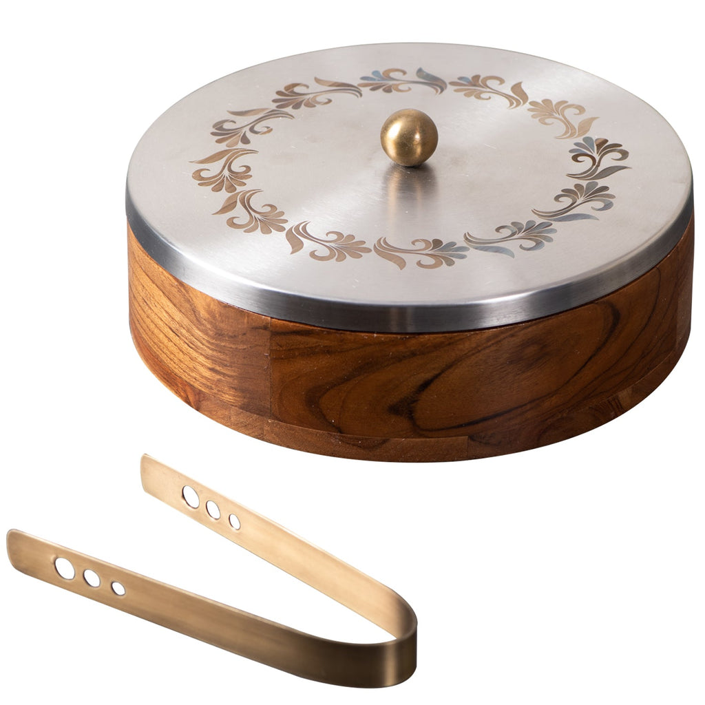 Inscribe Acacia Wood Roti Box with Tong - Silver