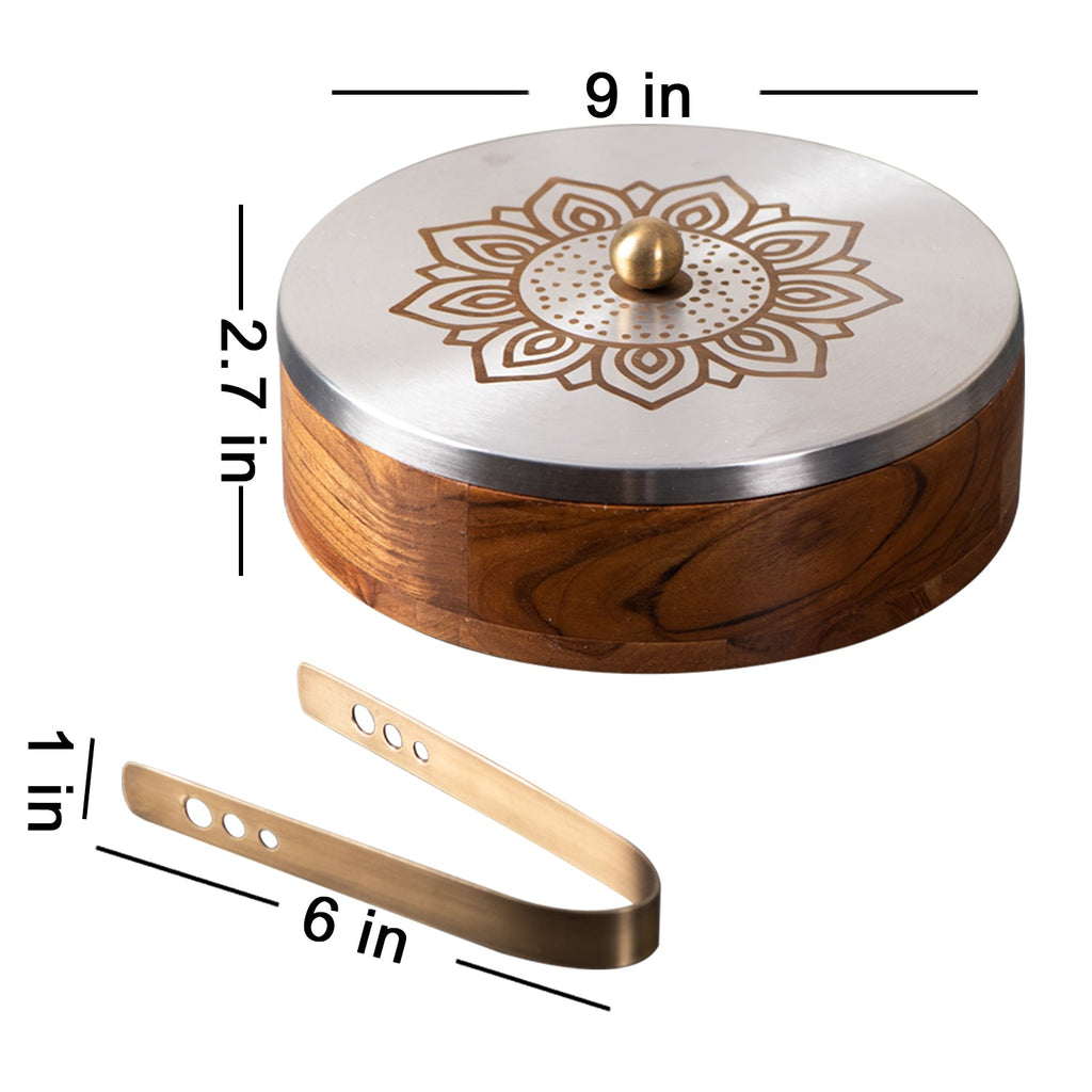 Inscribe Acacia Wood Roti Box with Tong - Floral Silver