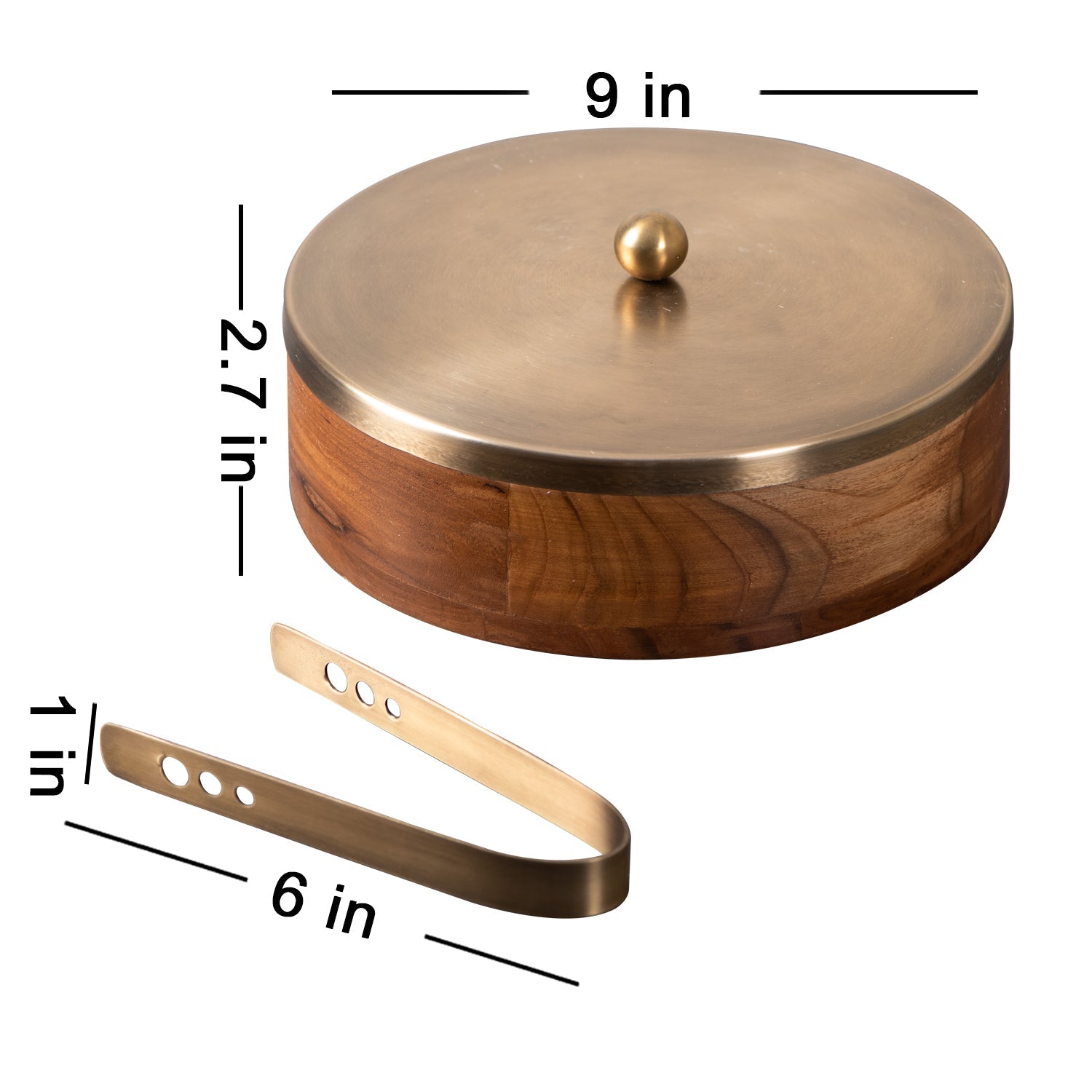 Classic Acacia Wood Roti Box with tong - Gold