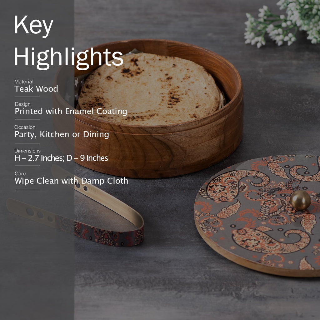 Allure Teak Wood Roti Box with tong - Grey