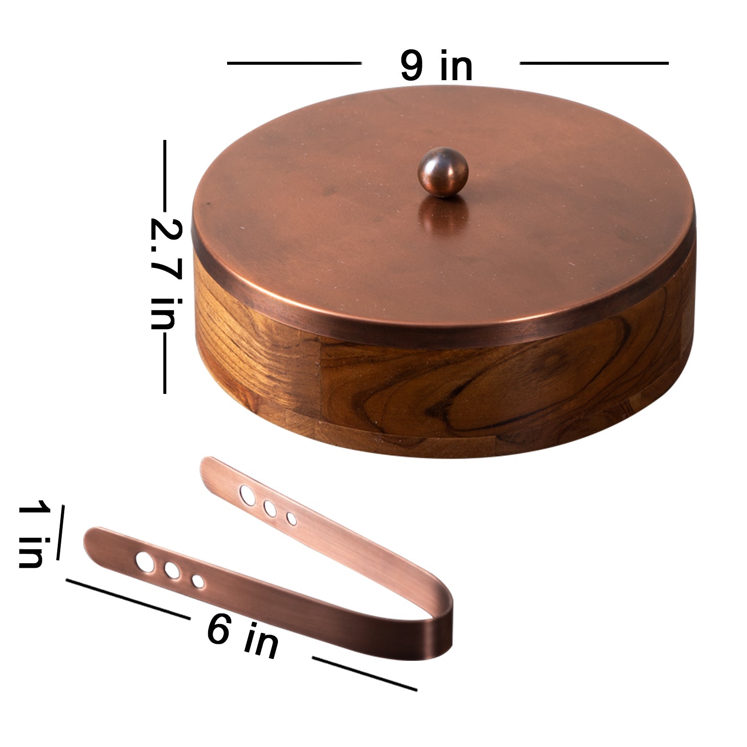 Classic Acacia Wood Roti Box with tong - Copper