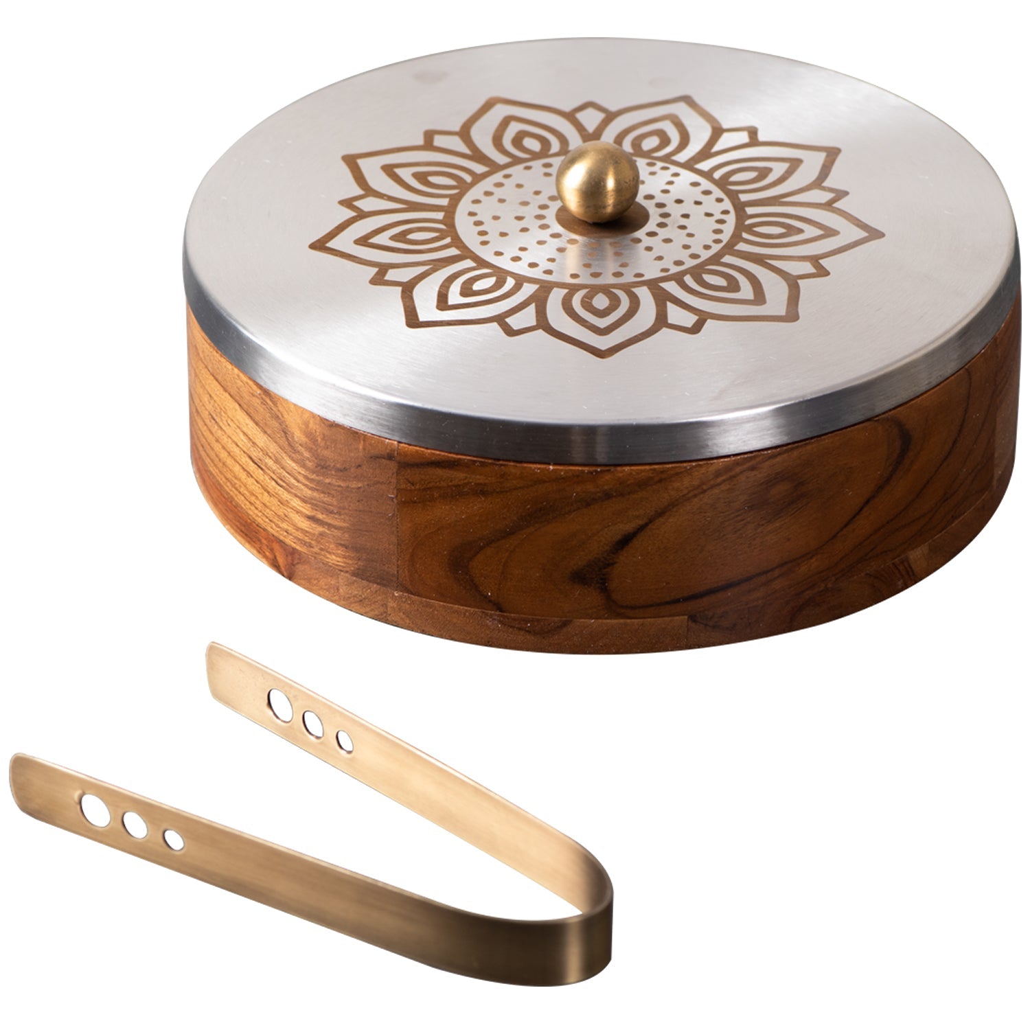 Inscribe Acacia Wood Roti Box with Tong - Floral Silver