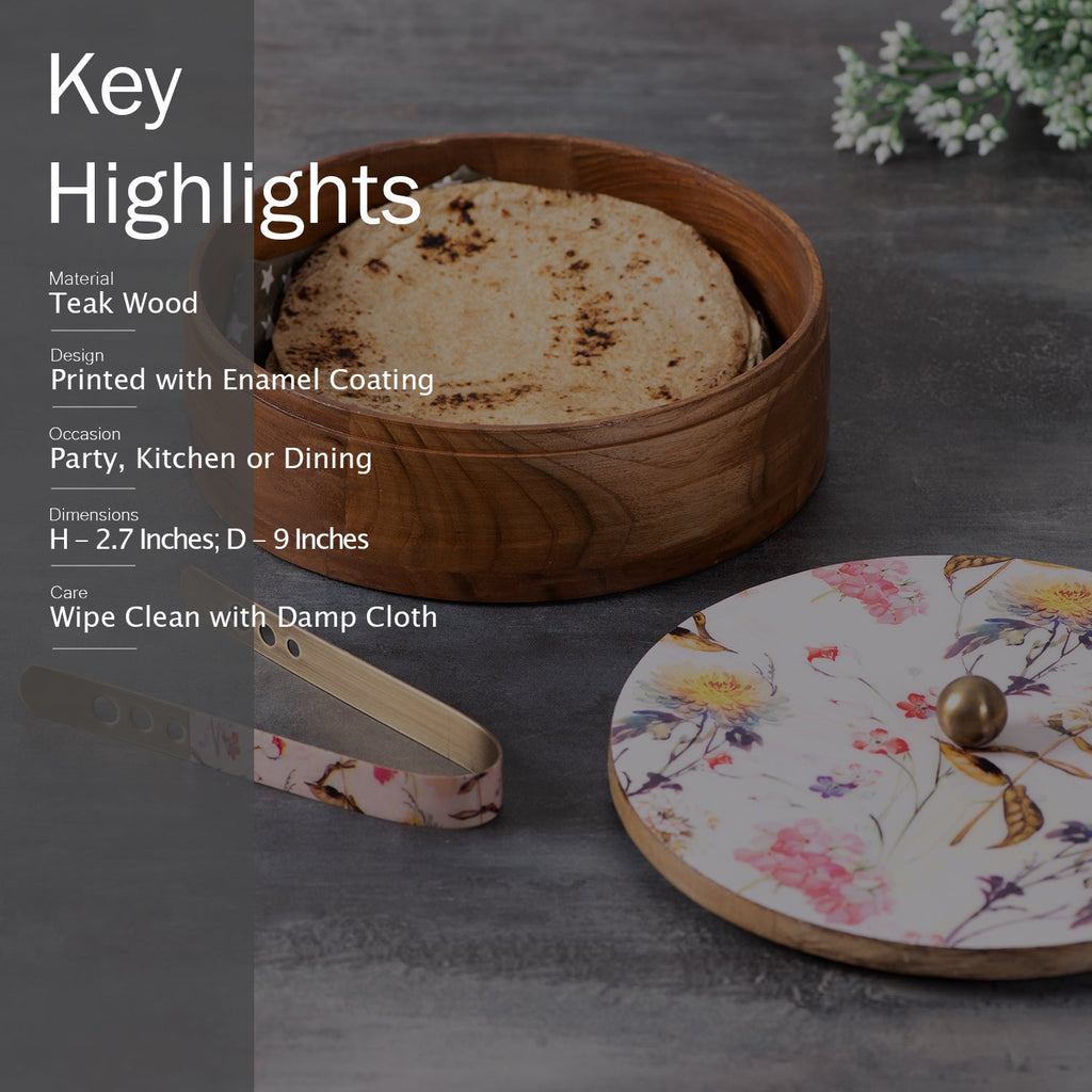 Allure Botanic Teak Wood Roti Box with tong - Pink