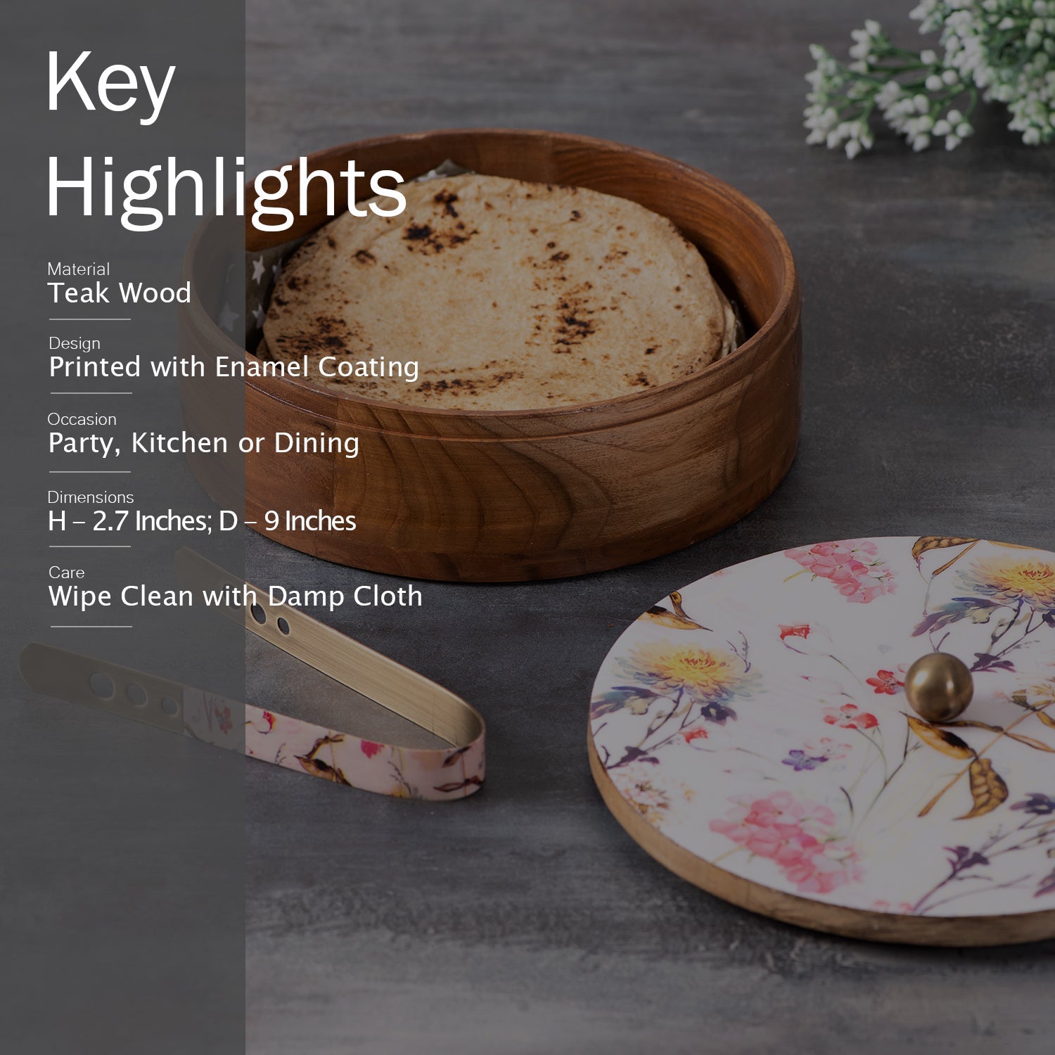 Allure Botanic Teak Wood Roti Box with tong - Pink