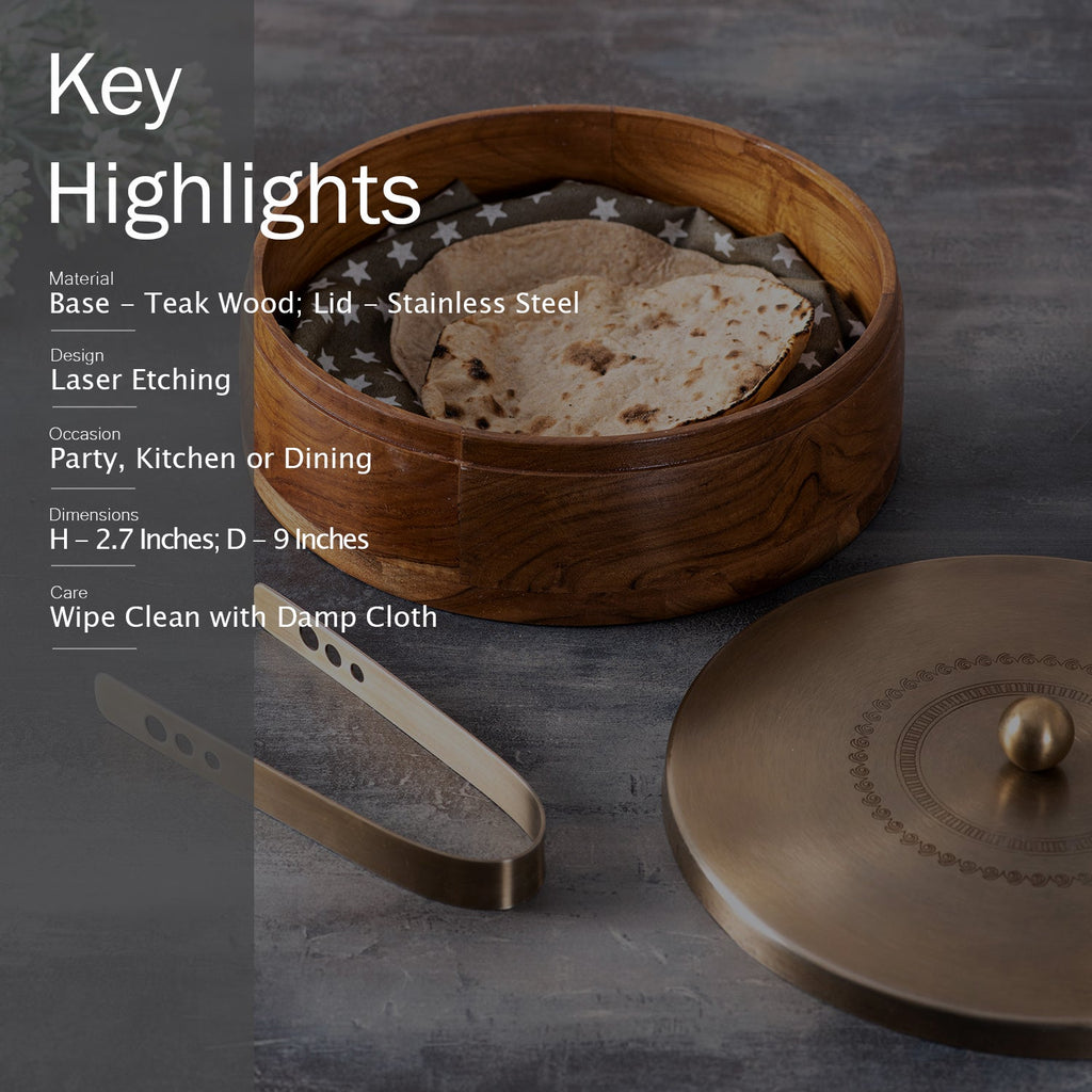 Inscribe Acacia Wood Roti Box with Tong - Gold