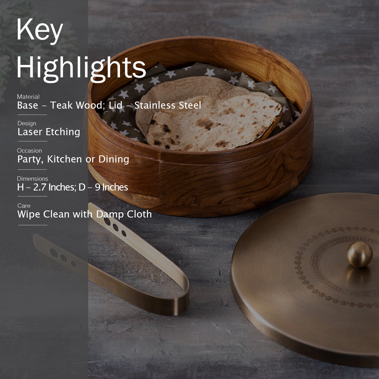 Inscribe Acacia Wood Roti Box with Tong - Gold