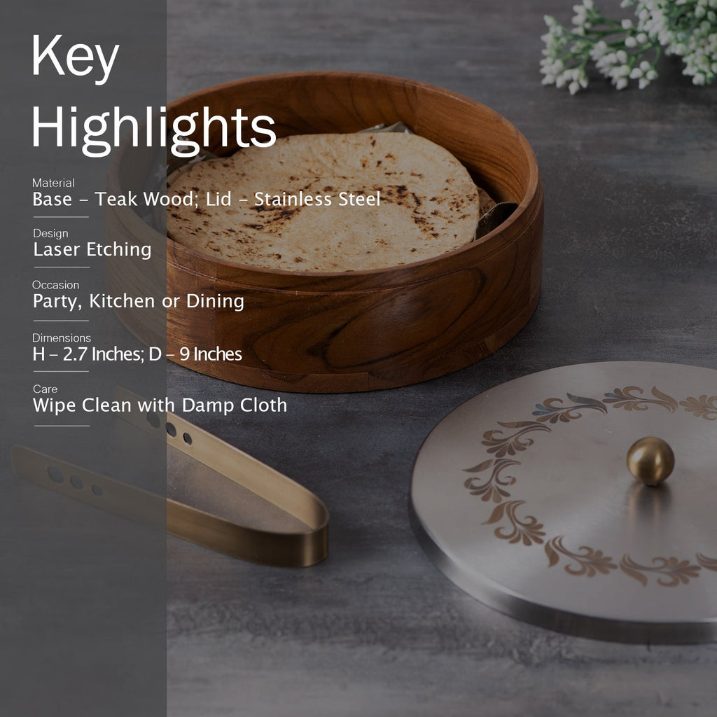 Inscribe Acacia Wood Roti Box with Tong - Silver