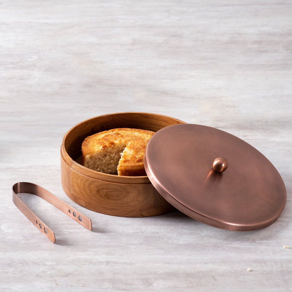 Classic Acacia Wood Roti Box with tong - Copper