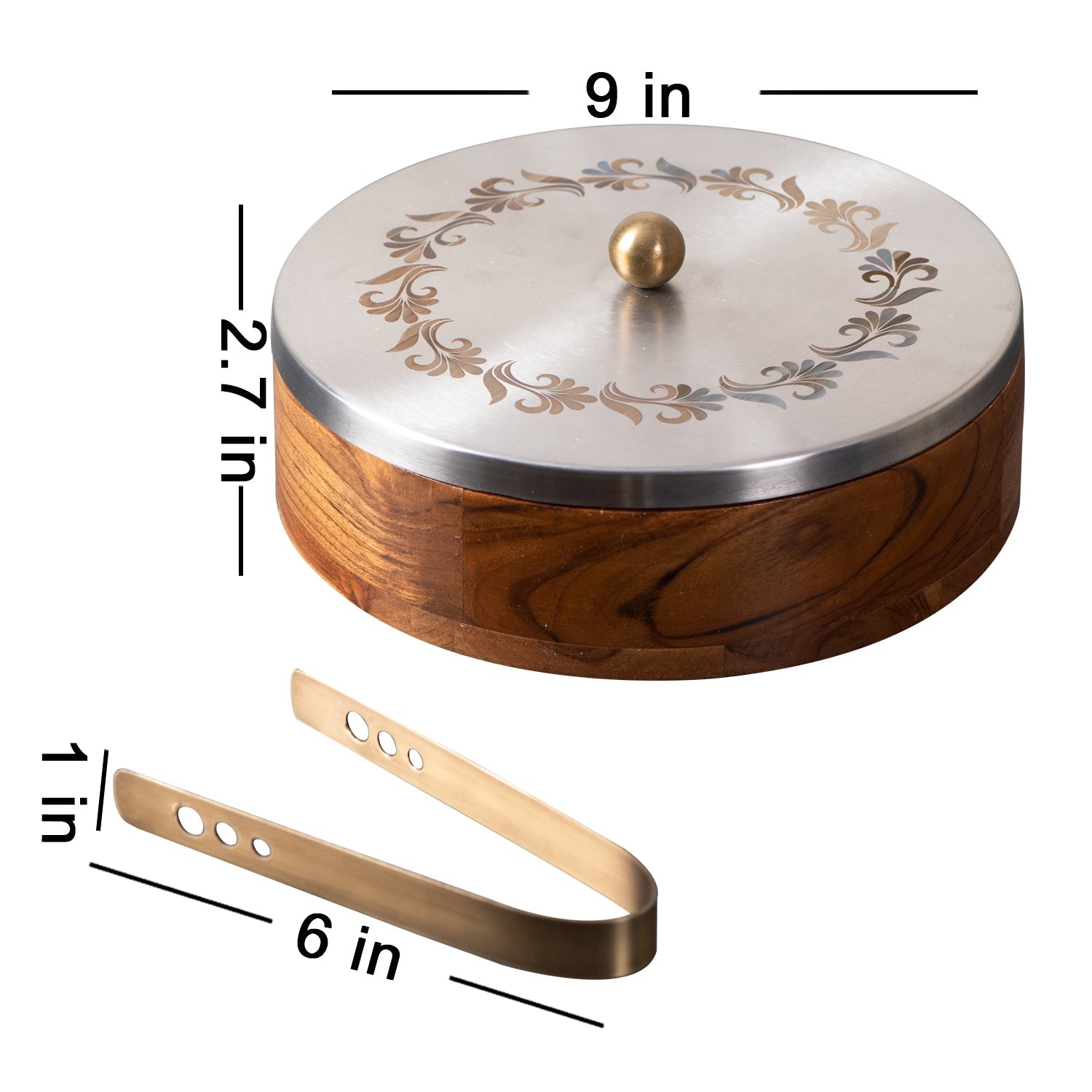 Inscribe Acacia Wood Roti Box with Tong - Silver