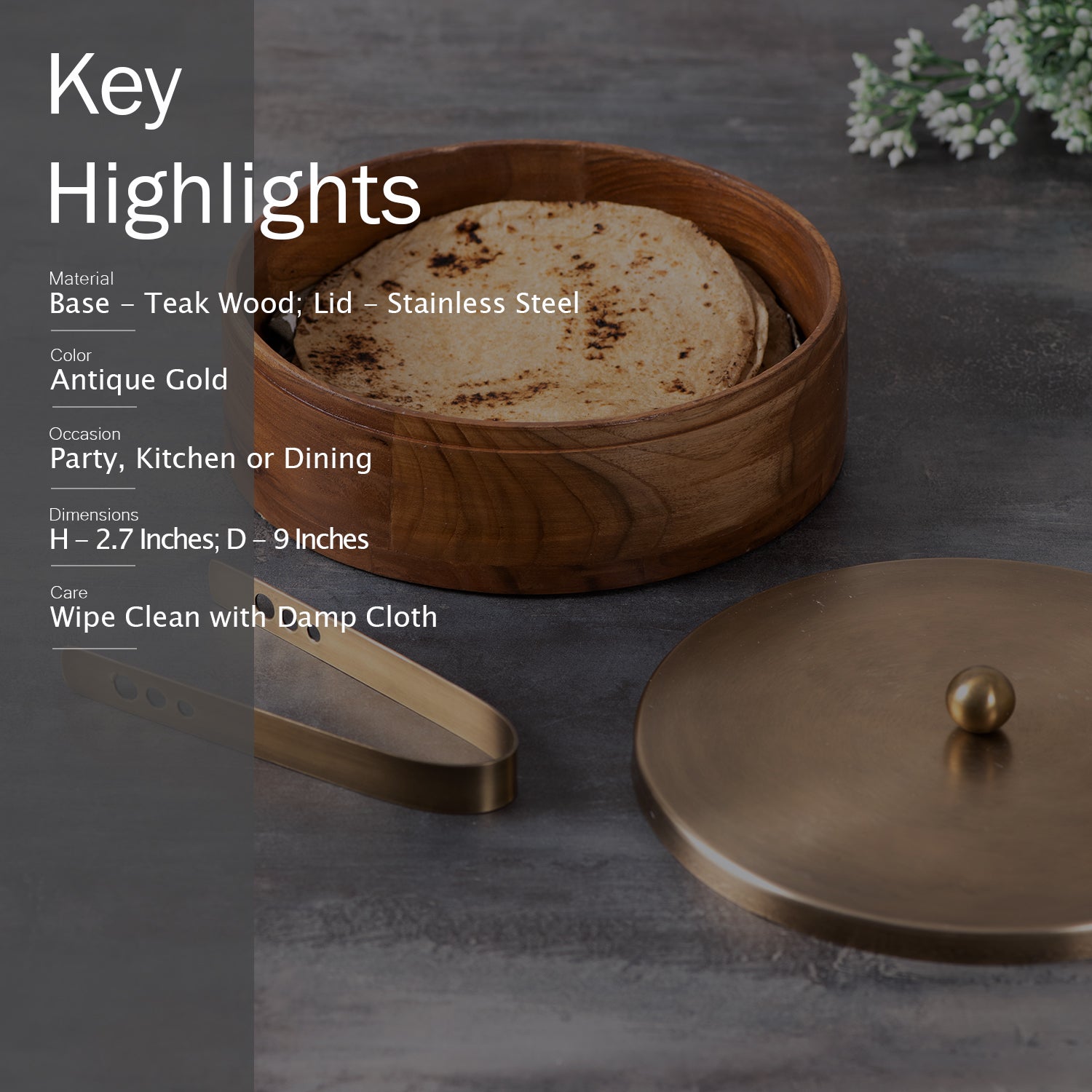 Classic Acacia Wood Roti Box with tong - Gold