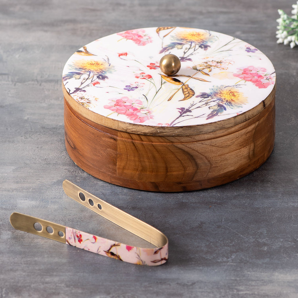 Allure Botanic Teak Wood Roti Box with tong - Pink