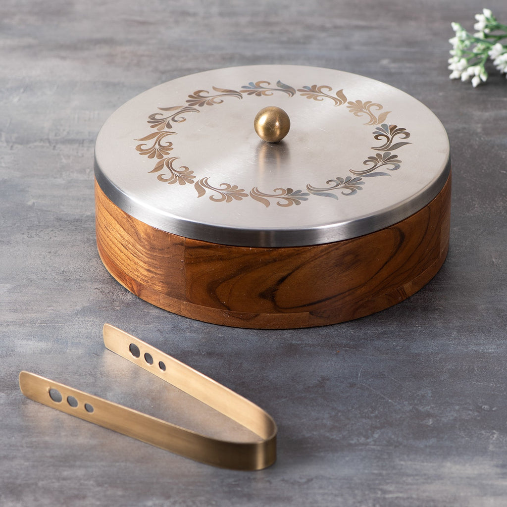 Inscribe Acacia Wood Roti Box with Tong - Silver