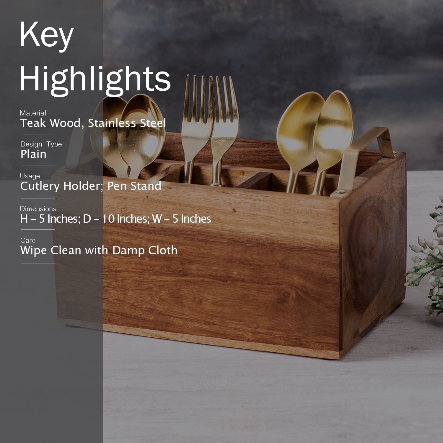 Inseparables Teak Wood Spoon Stand - Gold