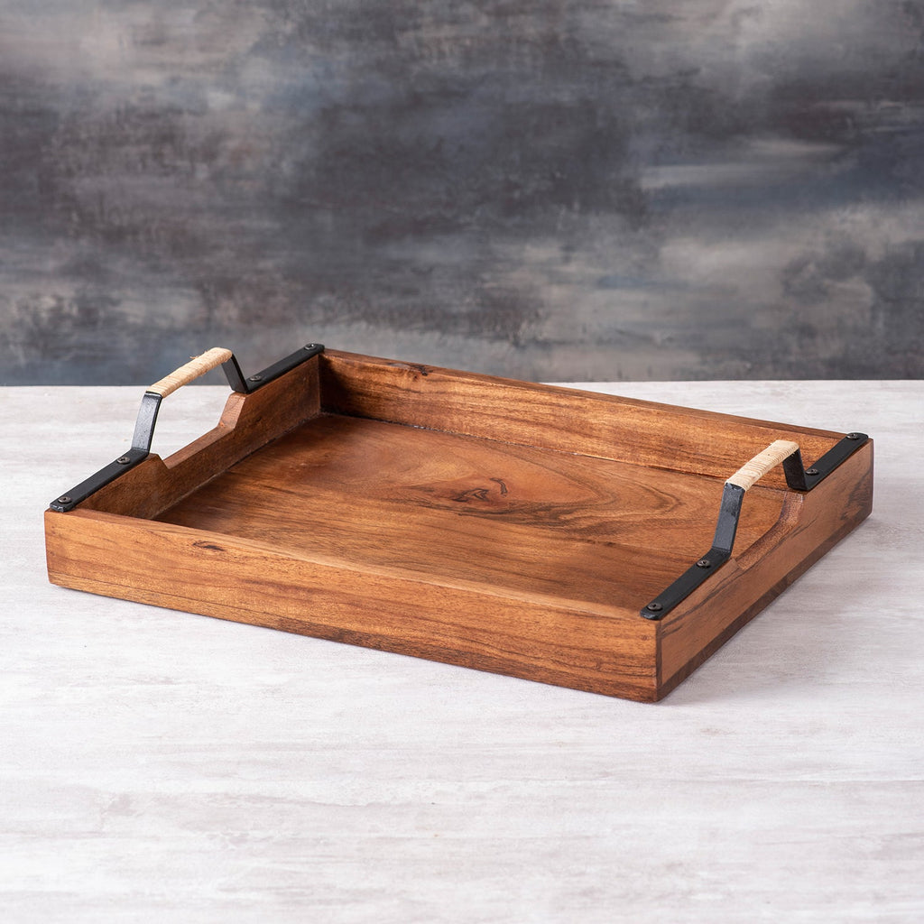 Inseparables Teak Wood Serving Tray - Black with Cane