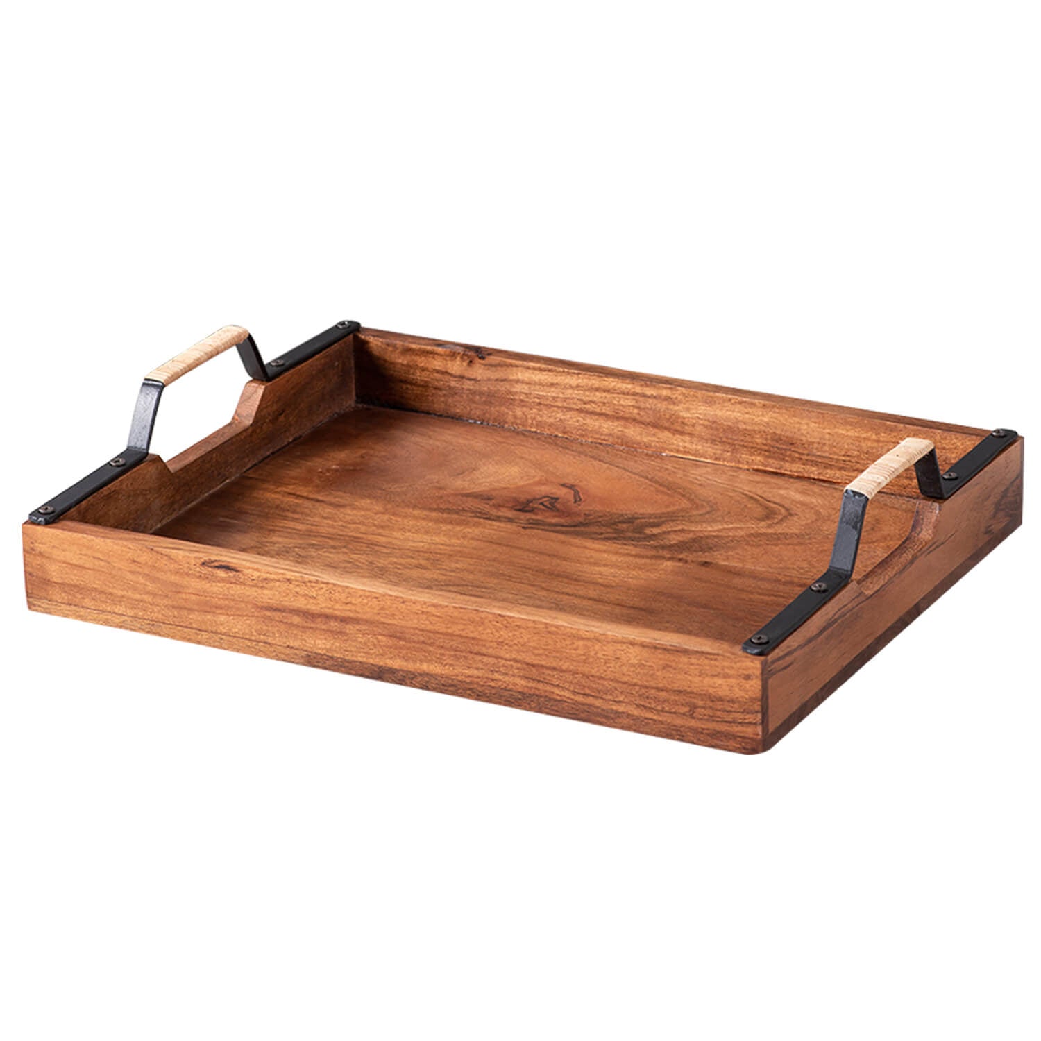 Inseparables Teak Wood Serving Tray - Black with Cane