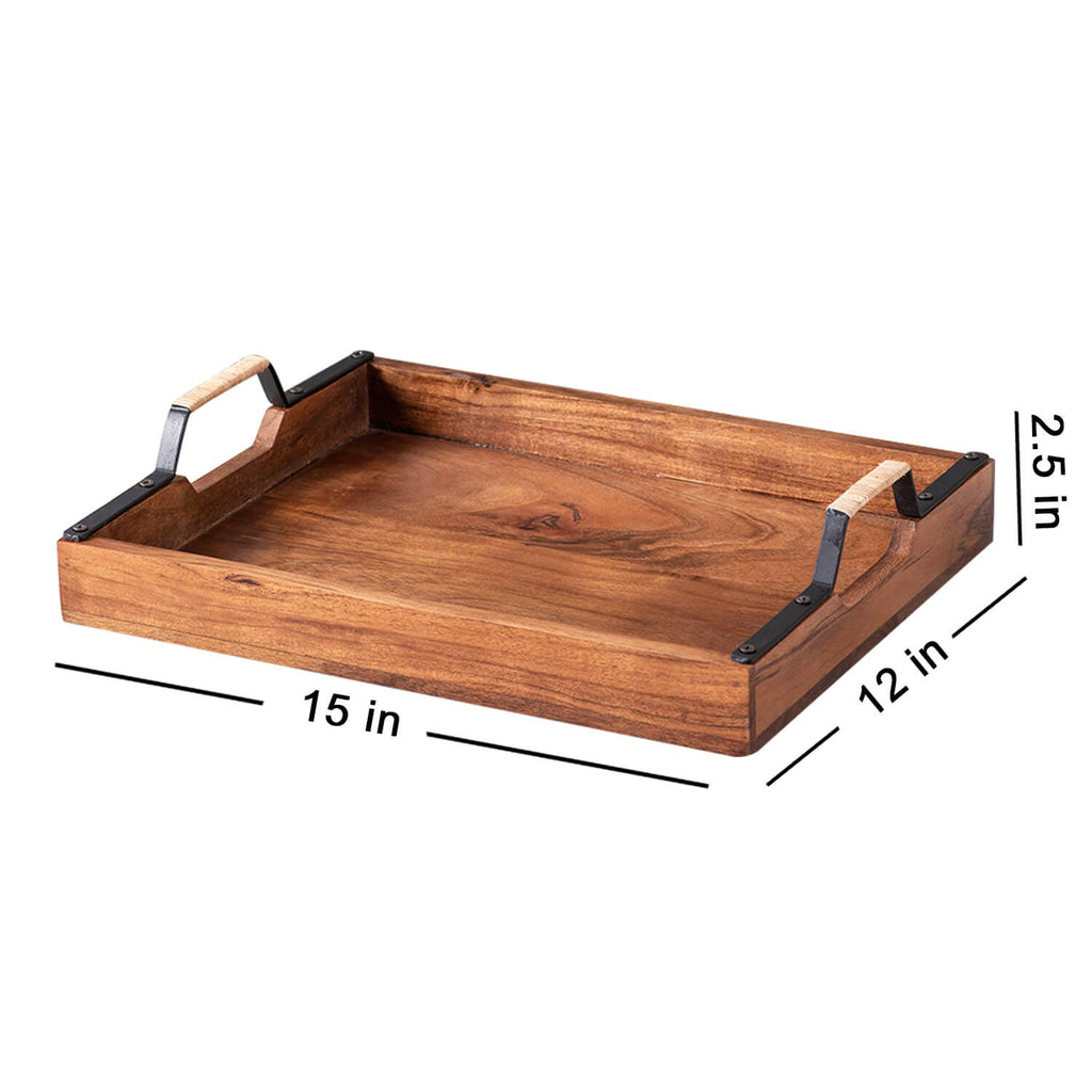 Inseparables Teak Wood Serving Tray - Black with Cane