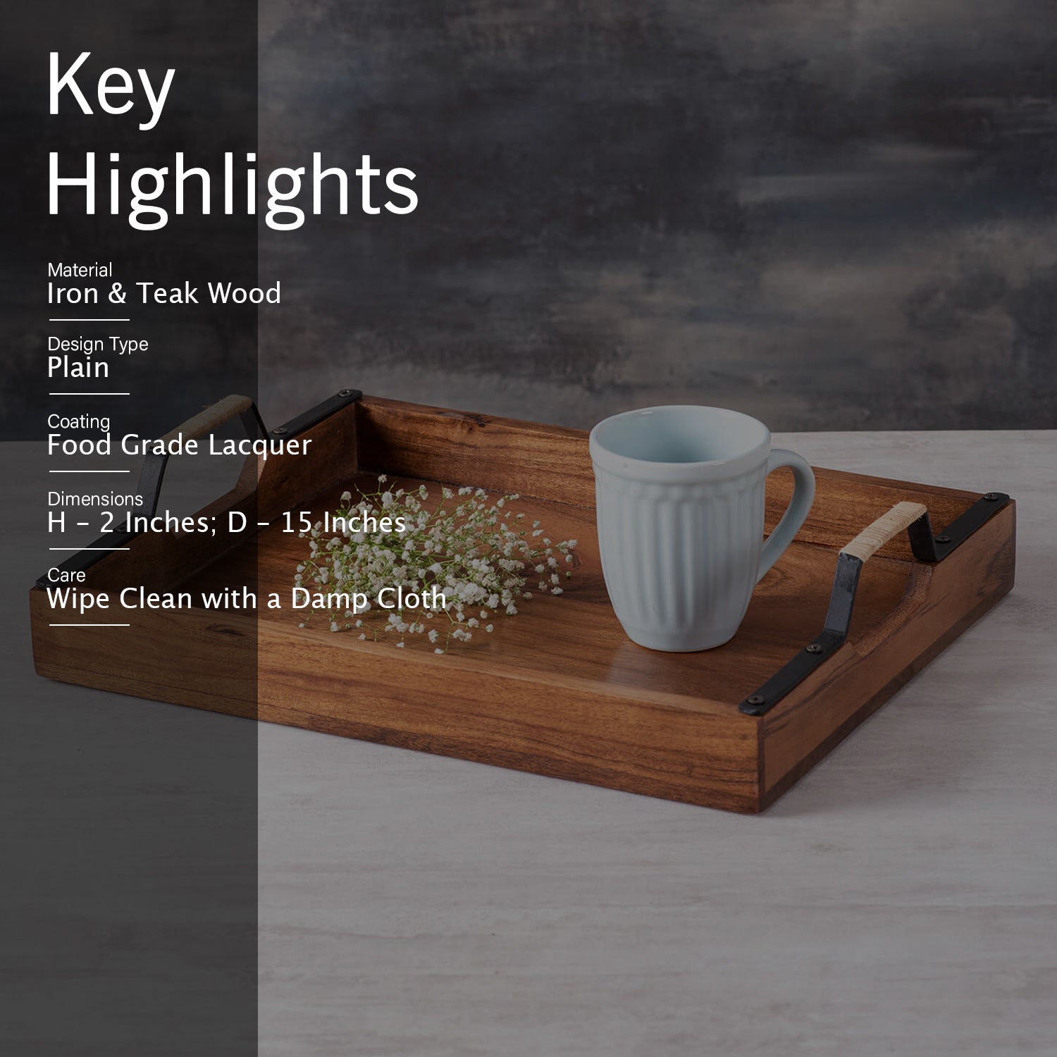 Inseparables Teak Wood Serving Tray - Black with Cane