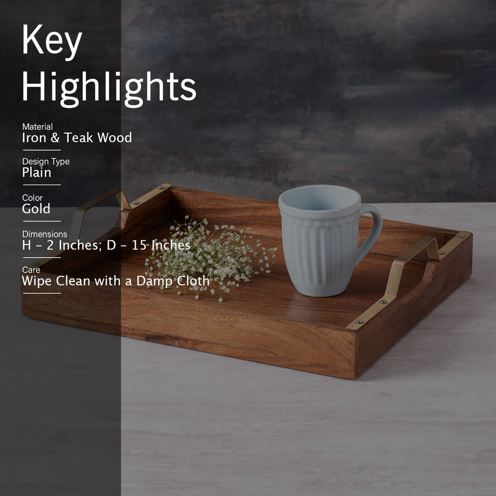 Inseparables Teak Wood Serving Tray - Gold