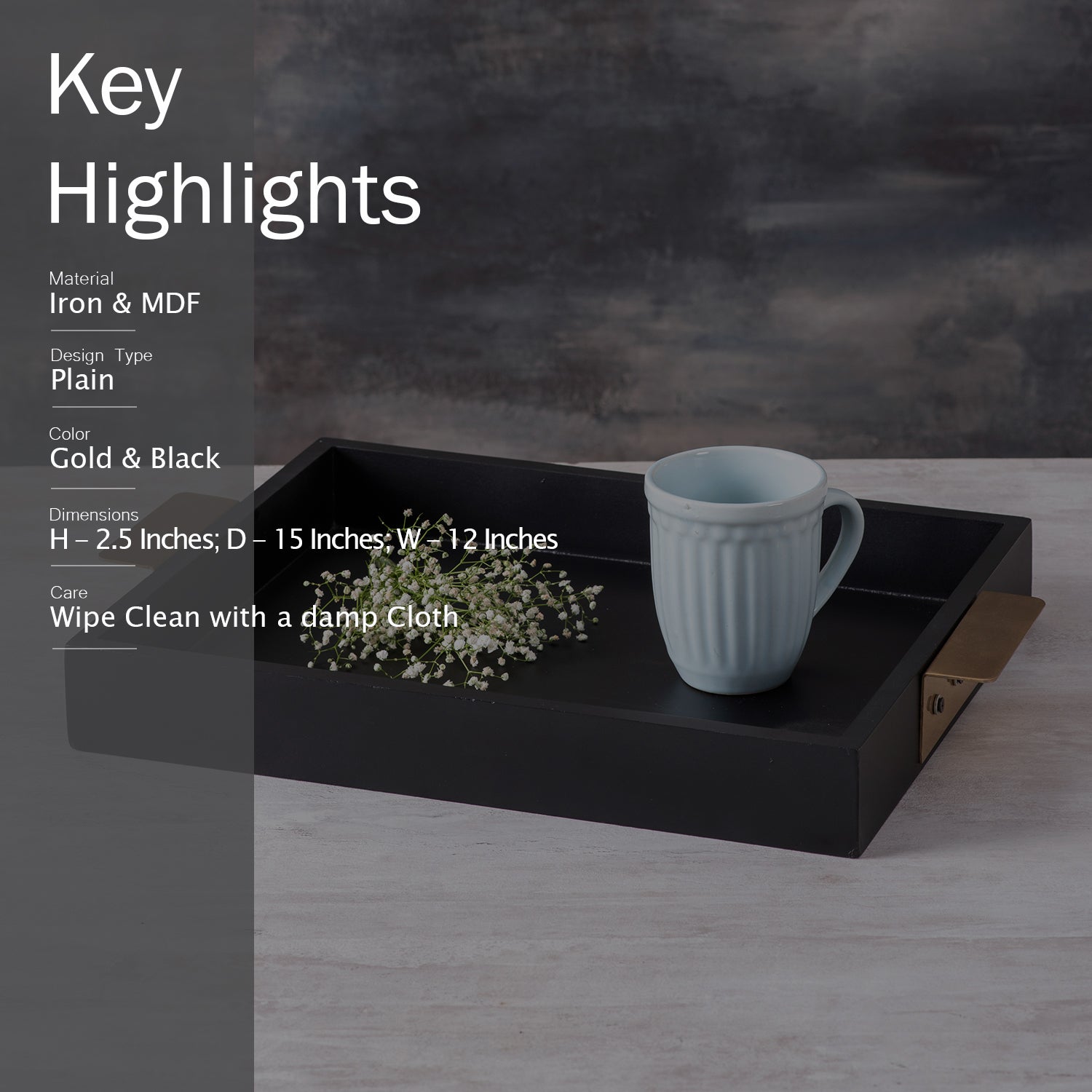 Coal MDF Serving Tip Handle Tray Gold